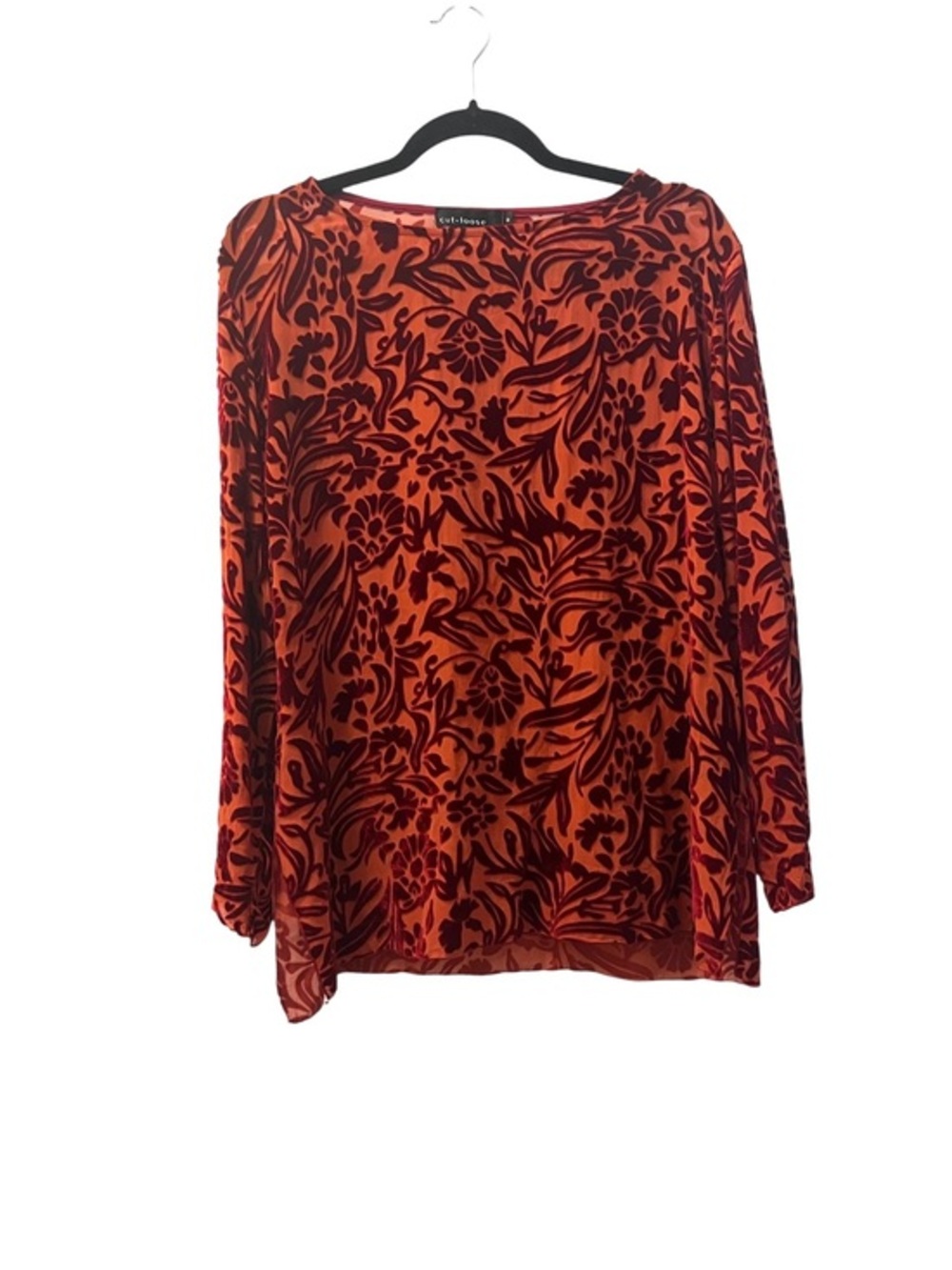 Cut Loose Red Orange Burnout Artsy Floral Long Sleeve Blouse Pullover Top M